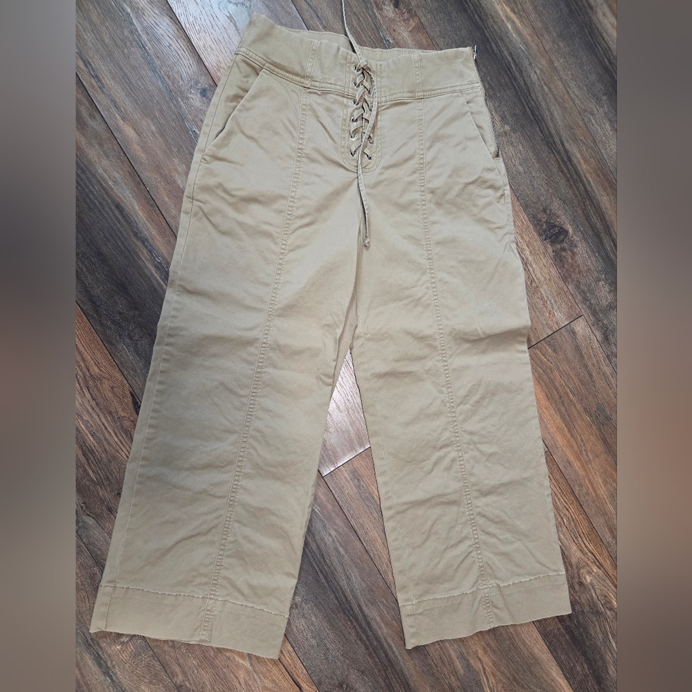 GAP Wideleg Crop Tie Front Tan Pant Cotton With Stretch